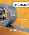 Silver Duct Tape 6 Roll Multi Pack, 90 Feet Each, 2 Inch Wide Heavy Duty Waterproof Tape With No Residue And Easy Tear, dimensions shown