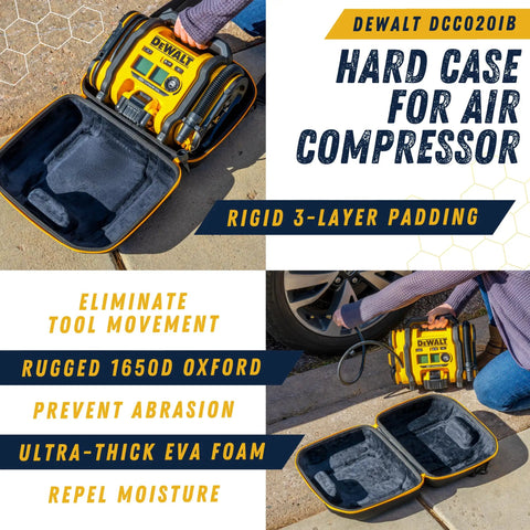 Hard Case for Dewalt DCC020IB 20V Max Tire Inflator with open padded interior on concrete.