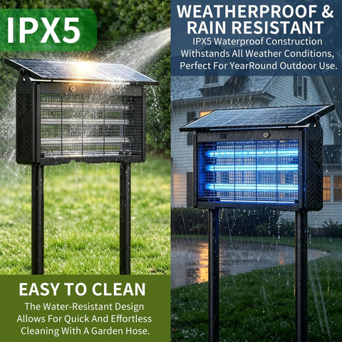 Solar USB C Bug Zapper Outdoor Mosquito Trap With 9600mAh Battery 365 To 395 Nanometers UV Light Dusk To Dawn Sensor 2500V Grid IPX5 Waterproof