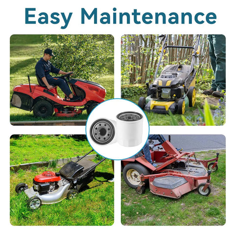 Two Pack 52114 Transmission Oil Filters Fits Toro 109-3321, Husqvarna 539113466 shown with various mowers for easy maintenance