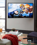 Installed television wall-mount kit; flat-screen TV mounted on beige wall with glass coffee table nearby.