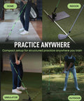 Golf Swing Plane Trainer with Adjustable Alignment Stick Holder shown in indoor and outdoor settings for use and practice