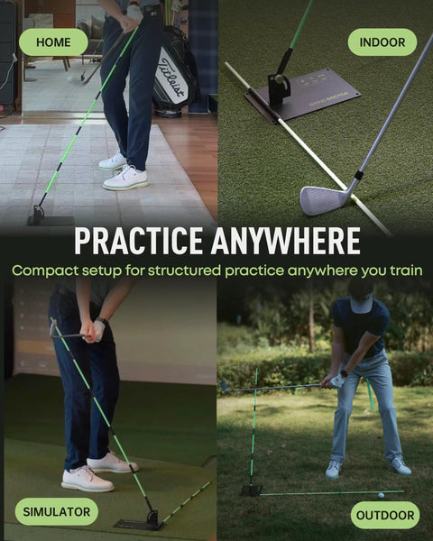 Golf Swing Plane Trainer with Adjustable Alignment Stick Holder shown in indoor and outdoor settings for use and practice
