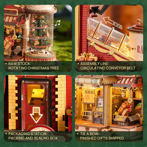 3D Puzzle For Adults Dope Dream Factory Gift Kit showing rotating tree, conveyor belt, packing station, and gift shipment.