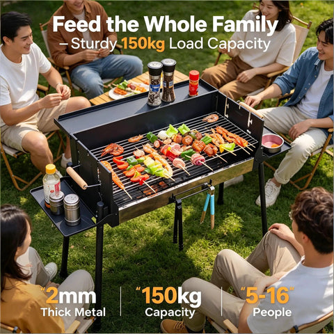 Group enjoying outdoor meal with Foldable Charcoal Grill With Three Temperature Settings, Windproof Camping BBQ setup at picnic.