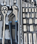 Close-up of Shop Ready 163 Piece SAE And Metric Mechanic Tool Set with 72 tooth ratchets and sockets in chrome vanadium steel case