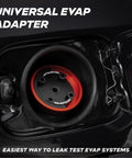 AutoLine Pro universal EVAP adapter installed at car fuel filler; red ring, black center, Autoline Pro branding.