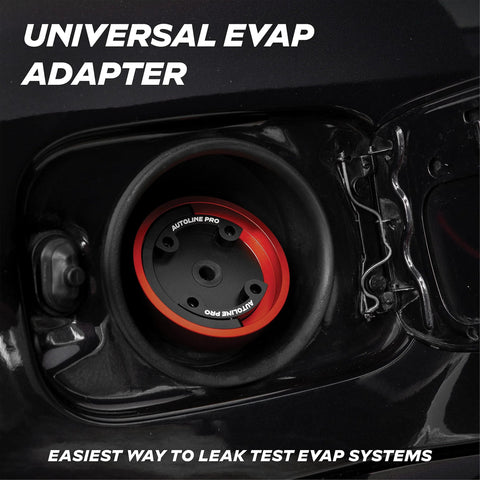 AutoLine Pro universal EVAP adapter installed at car fuel filler; red ring, black center, Autoline Pro branding.