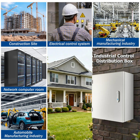 Collage showing various uses for industrial control boxes such as construction sites, control systems, and manufacturing facilities.