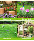 230 Feet Quick Connect Drip Irrigation System Kit For Garden Greenhouse Yard And Lawn Automatic Watering Misting includes plant pot, flower bed, grassland, and greenhouse views