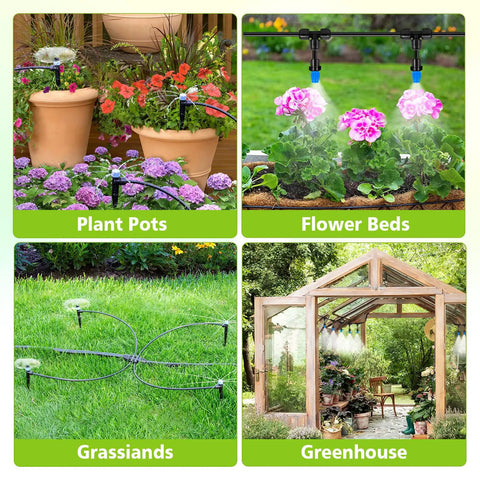 230 Feet Quick Connect Drip Irrigation System Kit For Garden Greenhouse Yard And Lawn Automatic Watering Misting includes plant pot, flower bed, grassland, and greenhouse views