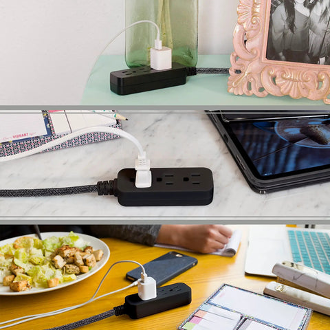 Go To Three Outlet Power Strip Surge Protector Kit with 10 Foot Braided Flat Extension Cords, 16 Gauge, in use on desks