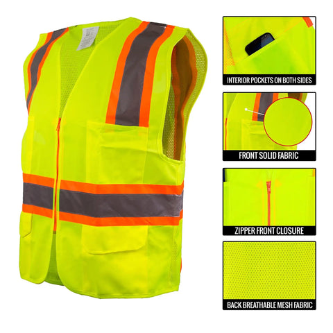 Fresh Two Tone Safety Vest Loaded With Bold Reflective Strips And Roomy Pockets For Guaranteed High Visibility Wrapped In Cool Airflow Mesh And Snappy Front Zipper, with dual pockets and breathable fabric.