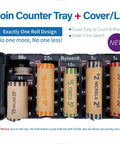 Coin Counter Tray With Cover Dual Pack Mini Coin Sorter Tray For All US Coins Pennies Nickels Dimes Quarters Half Dollars And Dollars Easy To Use Bank Teller Style Change Holder Sweet Gift For Car Home Office showing filled coin rolls