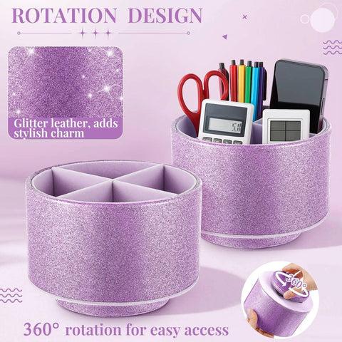360 Degree Spin Glitter Pencil Holder In Purple PU Leather Four Compartment Desk Organizer Cup for easy access
