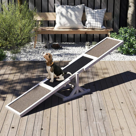 Wooden Dog Agility Seesaw For Backyard Play And Training, Weatherproof Outdoor Exercise Toy with Triangular Base in use