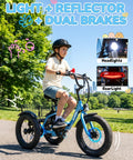 Kid Electric Tricycle With Three Wheels For Stability Fat 16x3 Tires 500W Peak Motor 378Wh Battery Top Speed 12.5 MPH Foldable Frame Beginner Friendly For Kids Ages 6 Plus Blue For Outdoors, child riding