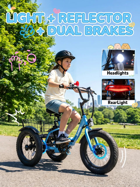 Kid Electric Tricycle With Three Wheels For Stability Fat 16x3 Tires 500W Peak Motor 378Wh Battery Top Speed 12.5 MPH Foldable Frame Beginner Friendly For Kids Ages 6 Plus Blue For Outdoors, child riding