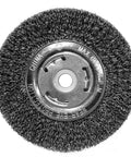 Six Inch Wide Face Bench Grinder Wire Wheel with crimped steel bristles, designed for removing rust and corrosion.