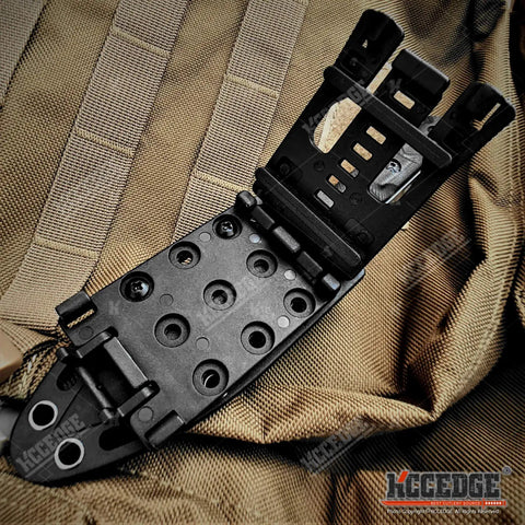 Close-up of MOLLE compatible sheath for Survival Knife With An 8 Inch Fixed Blade And Molle Compatible Sheath For Camping And Tactical Gear Desert Tan G10 Handle.