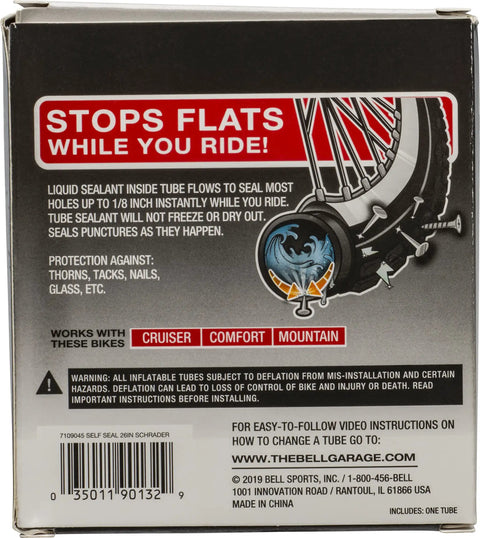 Back of packaging for Self Sealing Bicycle Inner Tube 26 Inch Fits 1.75 To 2.25 Tire Width Schrader Valve No Flats With Sealant