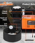 Heavy Duty Portable 12V Air Compressor Kit And Tire Inflator Beast With 150 Psi Max Pressure And 6 Point 35 Cfm Flow showing adapters and 26 ft hose.