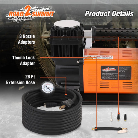 Heavy Duty Portable 12V Air Compressor Kit And Tire Inflator Beast With 150 Psi Max Pressure And 6 Point 35 Cfm Flow showing adapters and 26 ft hose.