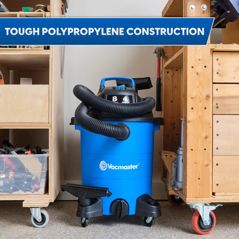 Heavy Duty 8 Gallon Wet Dry Shop Vac Delivering 75 Cfm Raw Heavy Lifting Suction For Serious Garage Cleanups Includes 17 Foot Extender Hose on workshop floor