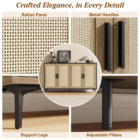 Buffet Cabinet With Storage And Rattan Doors 48 Inch Sideboard With Adjustable Shelves Modern detail view of rattan panels and legs.