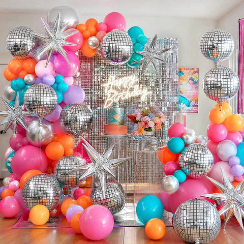 Massive 22 Inch Metallic Silver Disco Balloons With Star Accents 9 Pack For Themed Parties And Celebrations 70s Disco Decor
