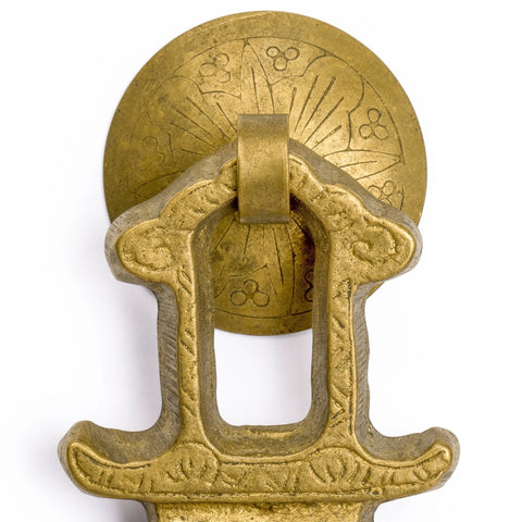 Close-up of Golden Furnace Brass Cabinet Pull showing floral antique style solid brass handle and decorative washer.