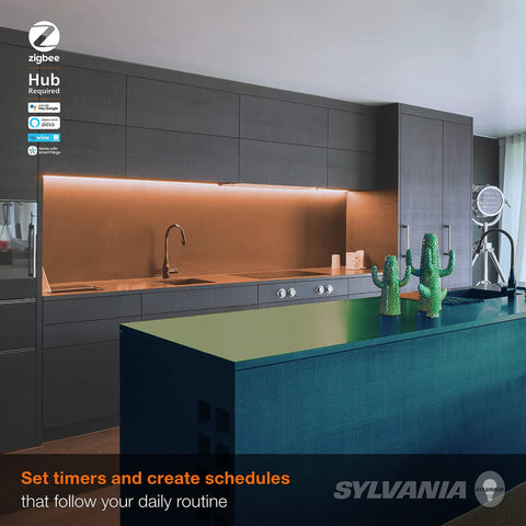 Modern kitchen with ZigBee RGBW Flex Strip Starter Kit for Smart Home Lighting, tunable white under cabinet lighting.