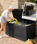 Woman using Big 120 Gallon Outdoor Deck Box Lockable Waterproof Storage Chest for Patio Cushions, Garden Tools, Packages and More