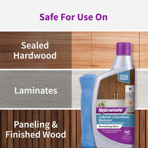 Cabinet And Furniture Restorer For Scratch Fills, Crystal Shine Finish, And Long Lasting Protection On Indoor Cabinets And Furniture, Safe For Sealed Hardwood And Laminates, 16 Ounce Bottle next to blue cloth