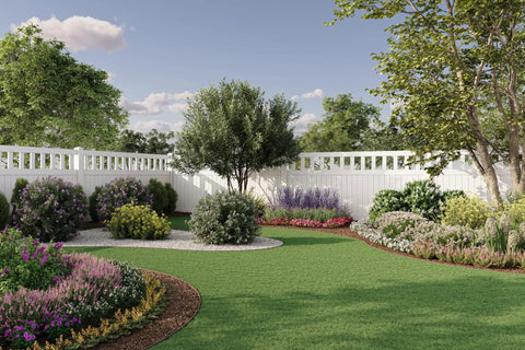 Backyard with garden beds and a white fence, showcasing the use of 4 Inch Composite Landscape Edging Kit, 40 Foot Brown.