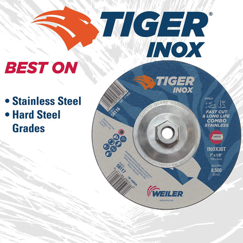 Tiger INOX Type 27 Cut And Grind Combo Wheel 7 Inch Diameter 1/8 Inch Thick INOX30T 7/8 Inch Arbor Contaminant-Free