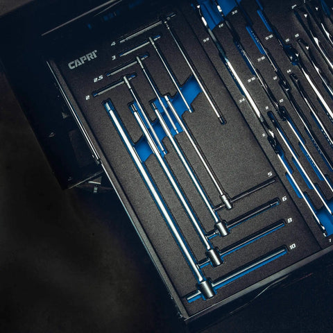 Sliding T-Handle Hex Wrench Set With Mechanic's Tray, 8-Piece shown in case with chrome vanadium steel for maximum torque.