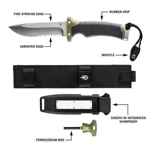 Ultimate Survival Knife With Fixed Blade And Combo Edge Fire Starter Ferro Rod Whistle And Sheath With Integrated Sharpener