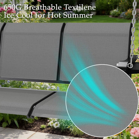 Textilene 3 Seat Porch Swing With Cup Holder 5.3 Ft Patio Hangin Swing Bench 700 Lb Capacity Outdoor Porch Swing With Hangin Chains For Deck Garden Backyard Gray showing breathable fabric.