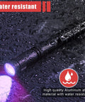 Water-resistant 10 Pack UV Black Light Pen Flashlights for Leak Detection, rugged design, made of aluminum, shown in rain