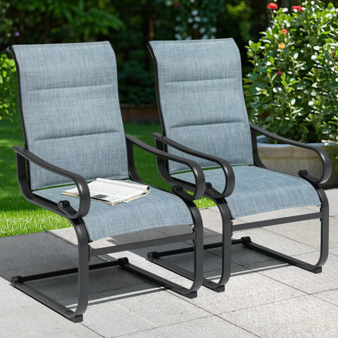 Set Of Two Padded Textilene Patio Dining Chairs With C Spring Rocker Action And Curved Armrests Rock Solid Powder Coated Metal Frame Prime Poolside Garden Furniture Built Tough For Weekend Hangouts In Blue And Black on patio.
