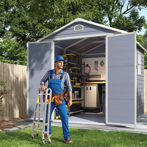 8x6 ft outdoor resin storage shed with window and floor lockable doors waterproof plastic tool shed with sloped roof