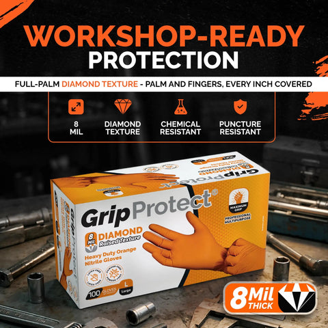 Heavy Duty 8 Mil Nitrile Gloves Chemical Resistant Tear Proof Work Gloves For Mechanics And Gardening 100 Pack displayed on a workbench.