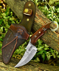 Handmade Damascus Steel Curved Fixed Blade Hunting Knife Nine Inch With Wooden Handle Ring Pommel Leather Sheath outdoors