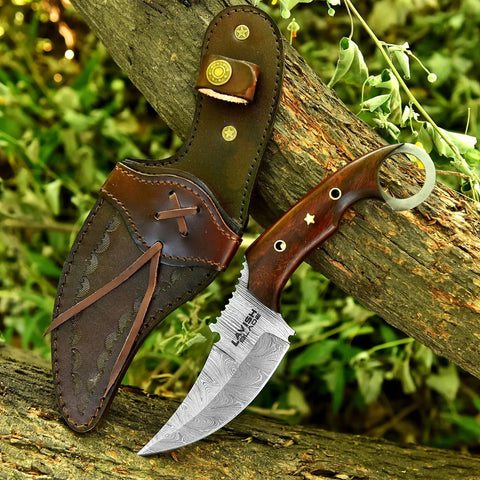 Handmade Damascus Steel Curved Fixed Blade Hunting Knife Nine Inch With Wooden Handle Ring Pommel Leather Sheath outdoors