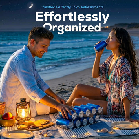 Beach picnic scene with couple using Soda Can Organizer And Dispenser For Fridge And Pantry Stackable 12 Oz Can Storage Bins