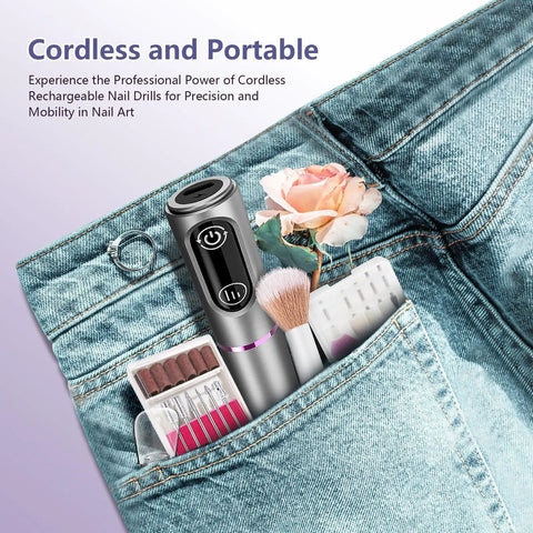 Totally Dope Cordless Nail Drill Kit Featuring Marathon Seven Hour Battery Life And Top Shelf Salon Bits For Effortless Flawless Manicures Whenever You Want in a jean pocket with tools.
