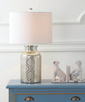 Mercury Silver Trellis Glass Table Lamp With White Linen Shade For Living Room Or Bedroom on blue nightstand