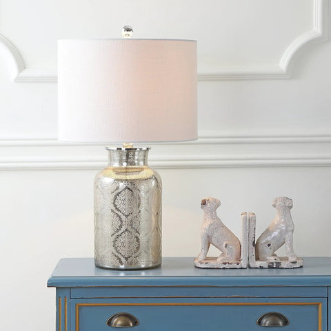 Mercury Silver Trellis Glass Table Lamp With White Linen Shade For Living Room Or Bedroom on blue nightstand