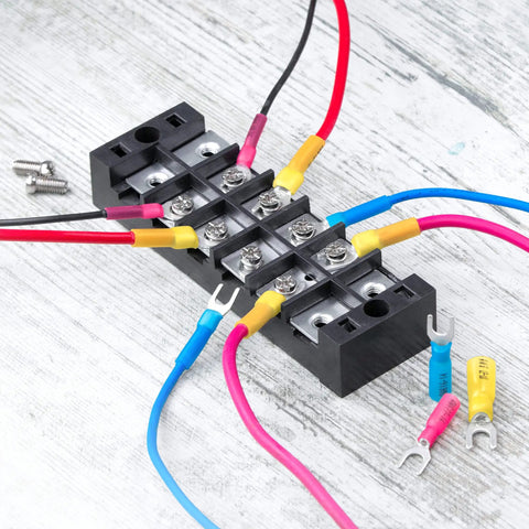 Heat Shrink Fork Connectors Blue Marine Grade 16-14 Gauge Built To Last Spade Terminals connected to black terminal block